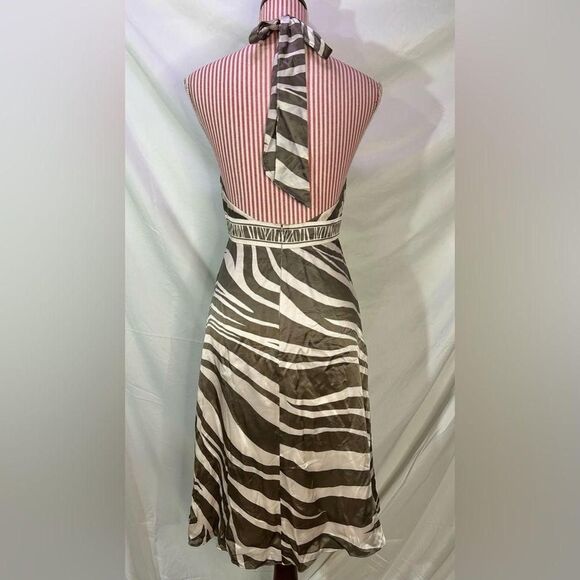 BCBG Silk Halter Dress Zebra Striped Brown Champagne Cocktail $260 Size 6 - Picture 6 of 8
